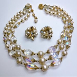 Vintage Vendome Faux Pearl and Glass Bead Necklace and Earrings Set